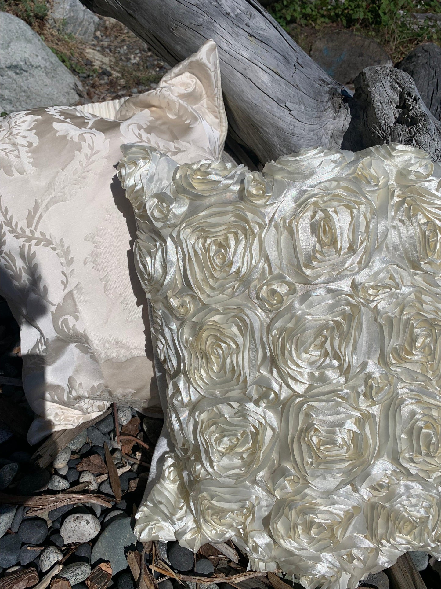 Ivory satin and damask cotton toss pillow