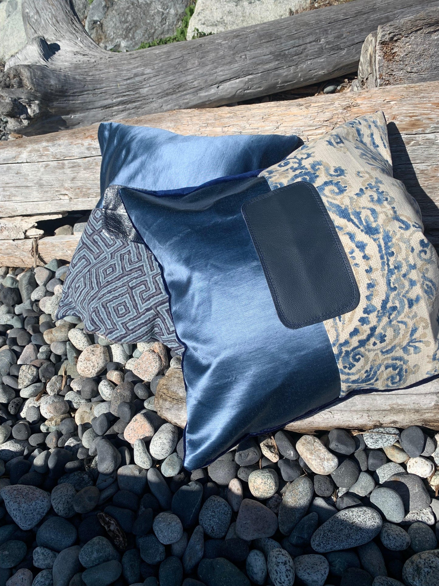 Blue heather satin and tapestry toss pillow