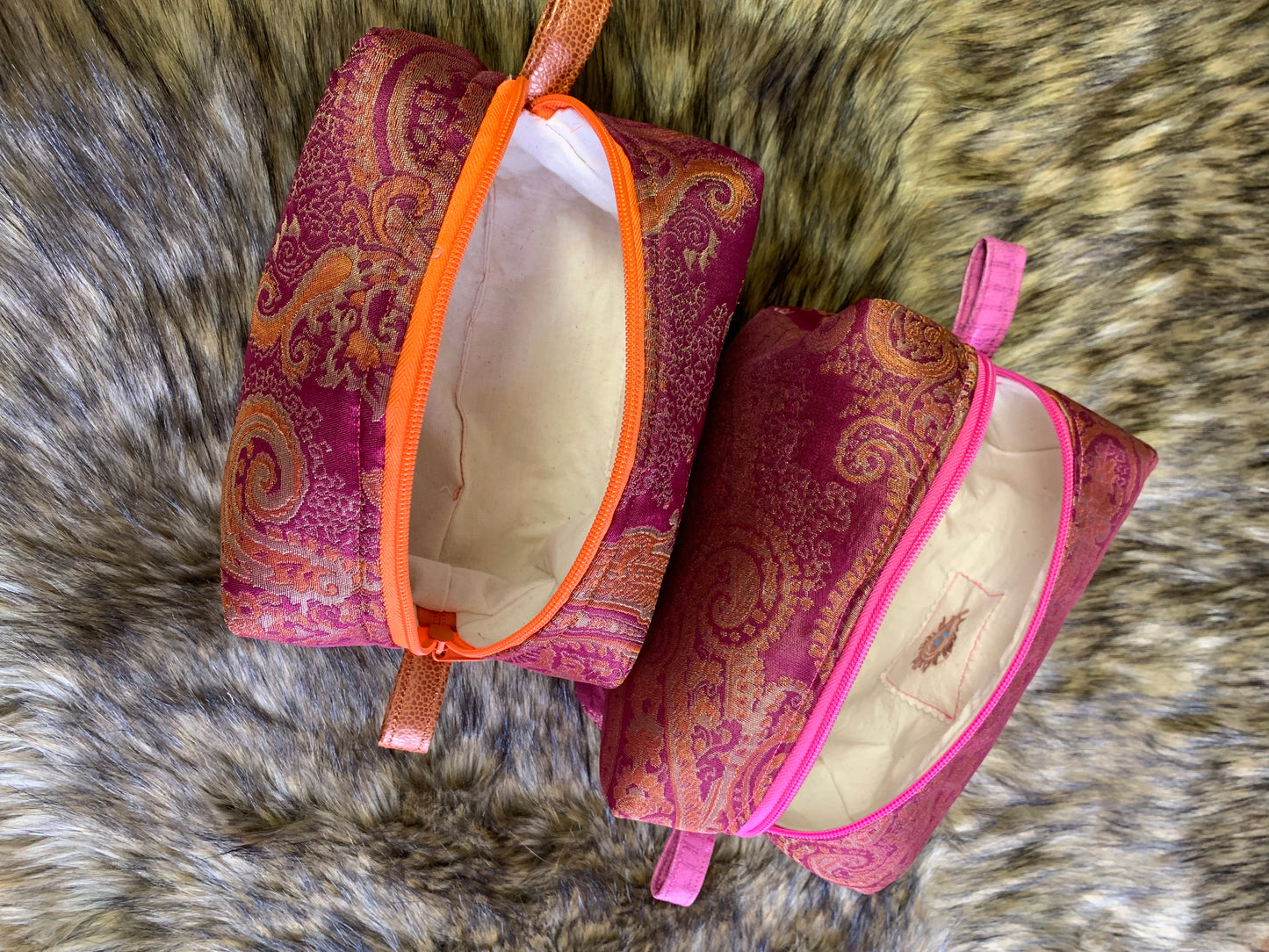 Nesting Essentials makup bag- Cosmetic & Toiletry organizer. Fuchsia paisley designer fabric