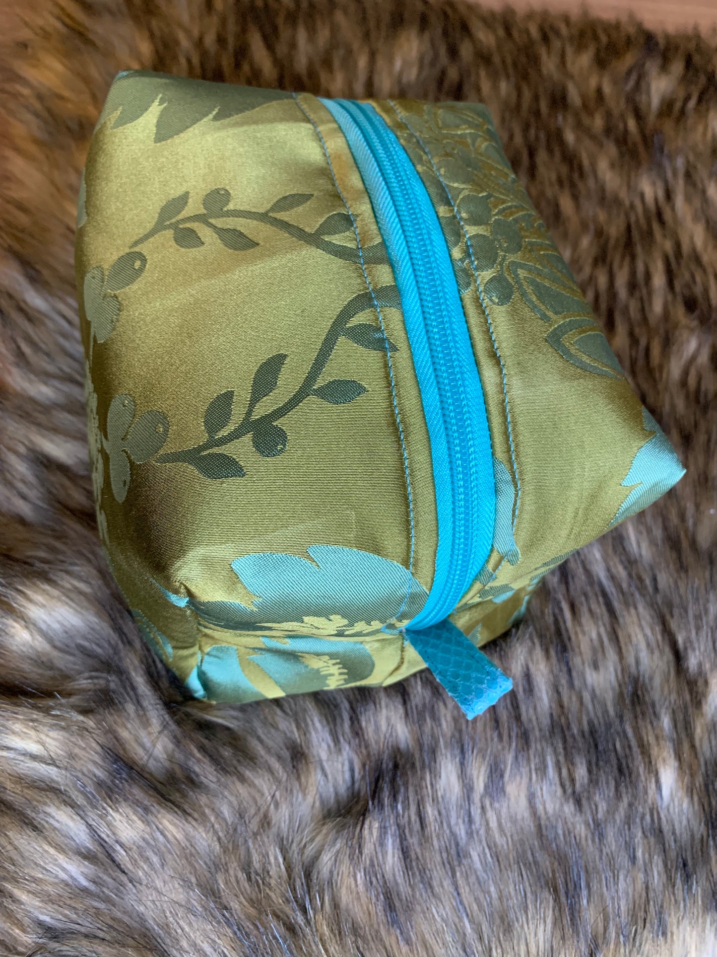 Nesting Essentials makeup bag-cosmetic toiletry organizer. Olive and turquoise Stylized Silk Artichoke design.