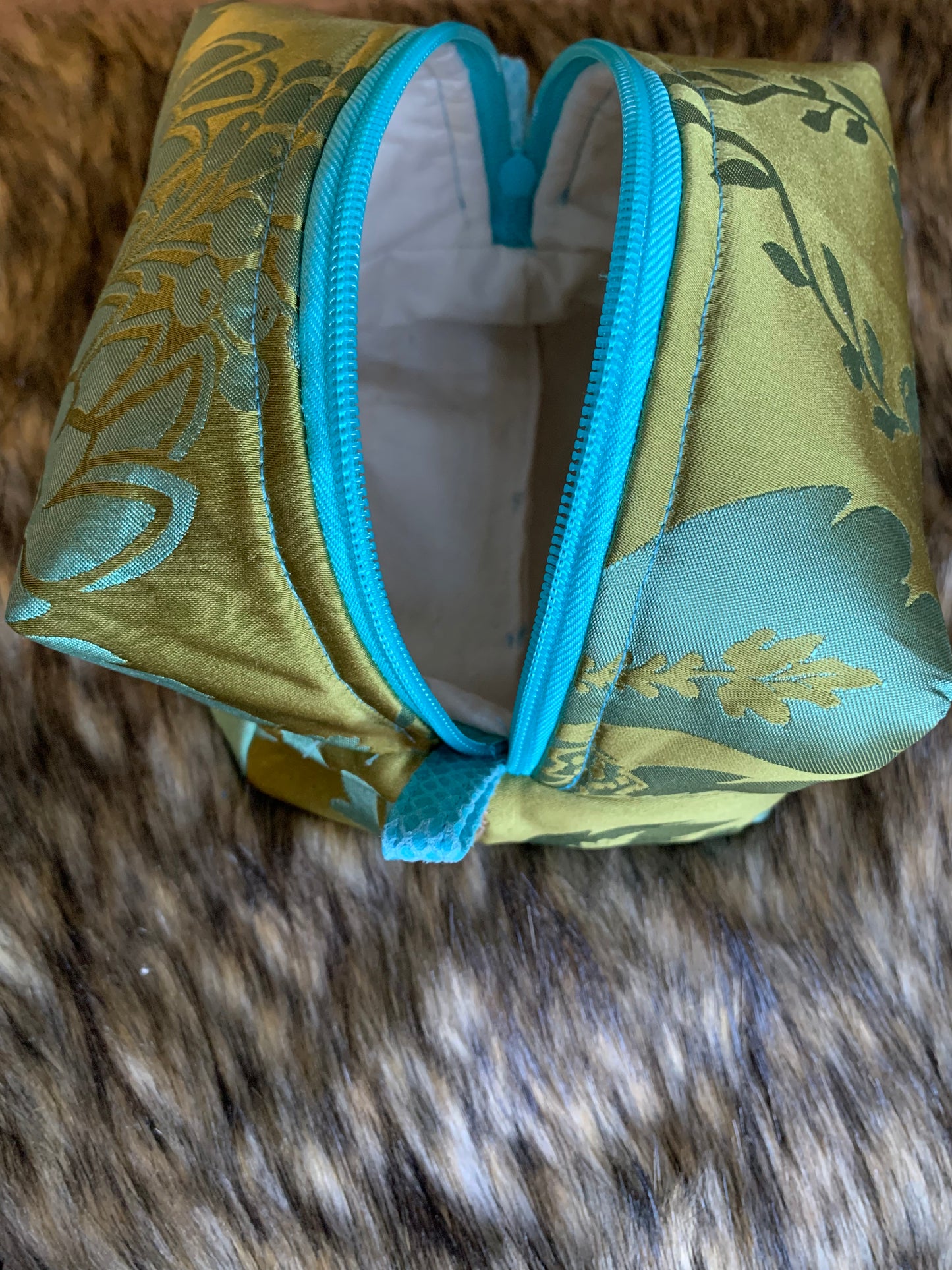 Nesting Essentials makeup bag-cosmetic toiletry organizer. Olive and turquoise Stylized Silk Artichoke design.