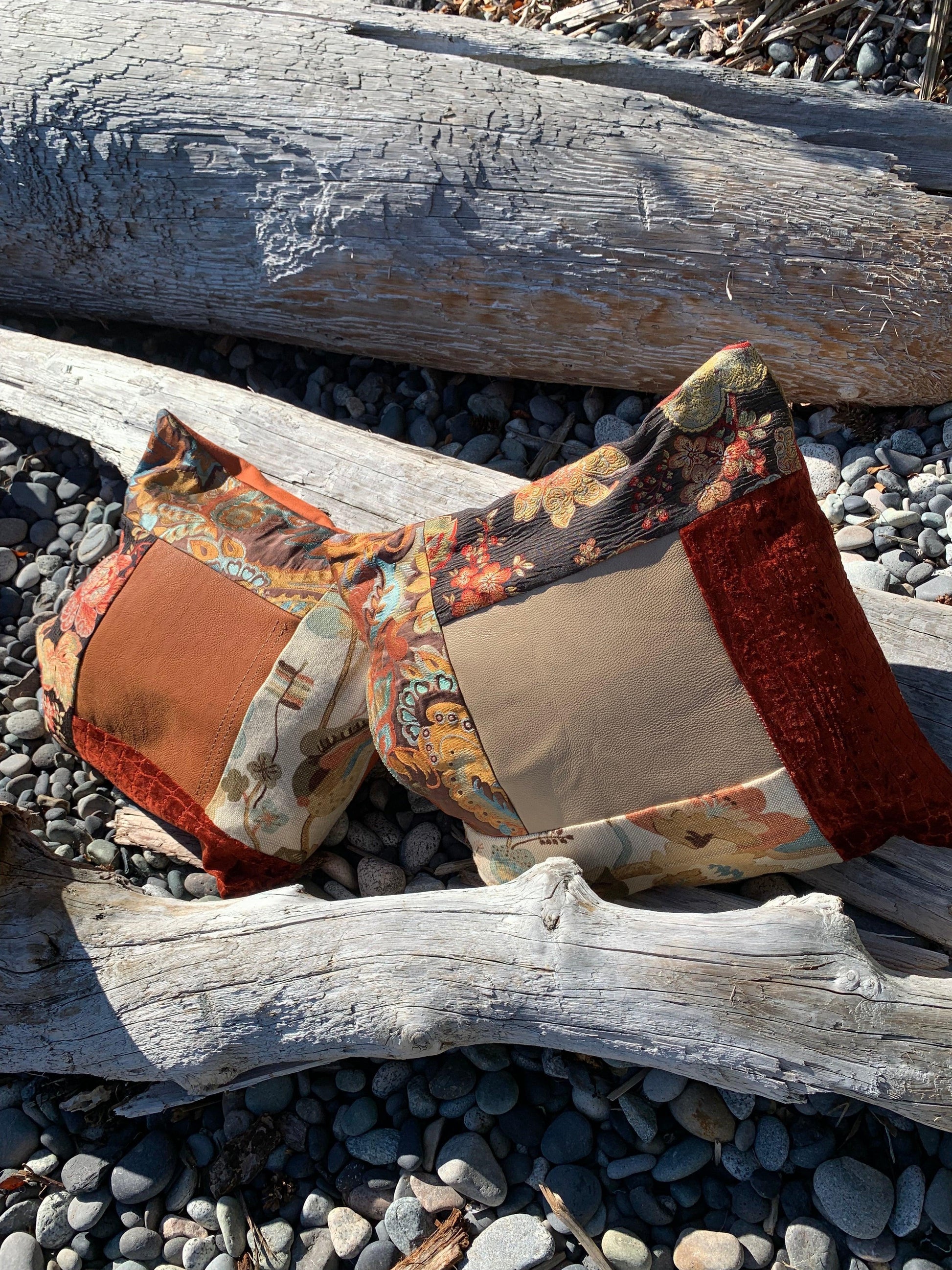 Burnt orange wool and tapestry toss pillow