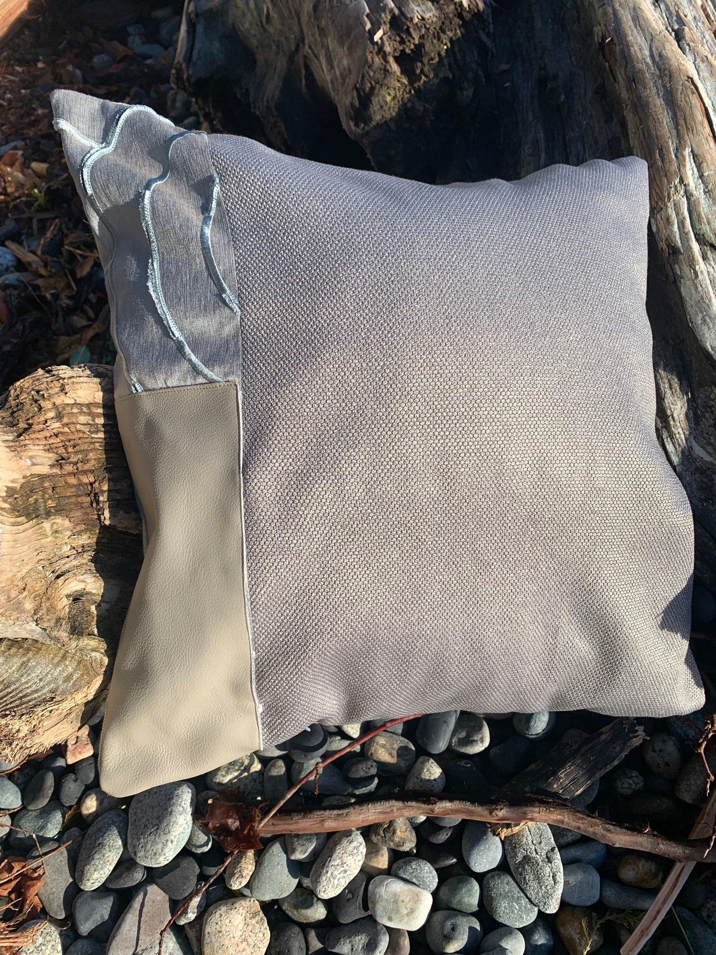 Silver silk and leather toss pillow