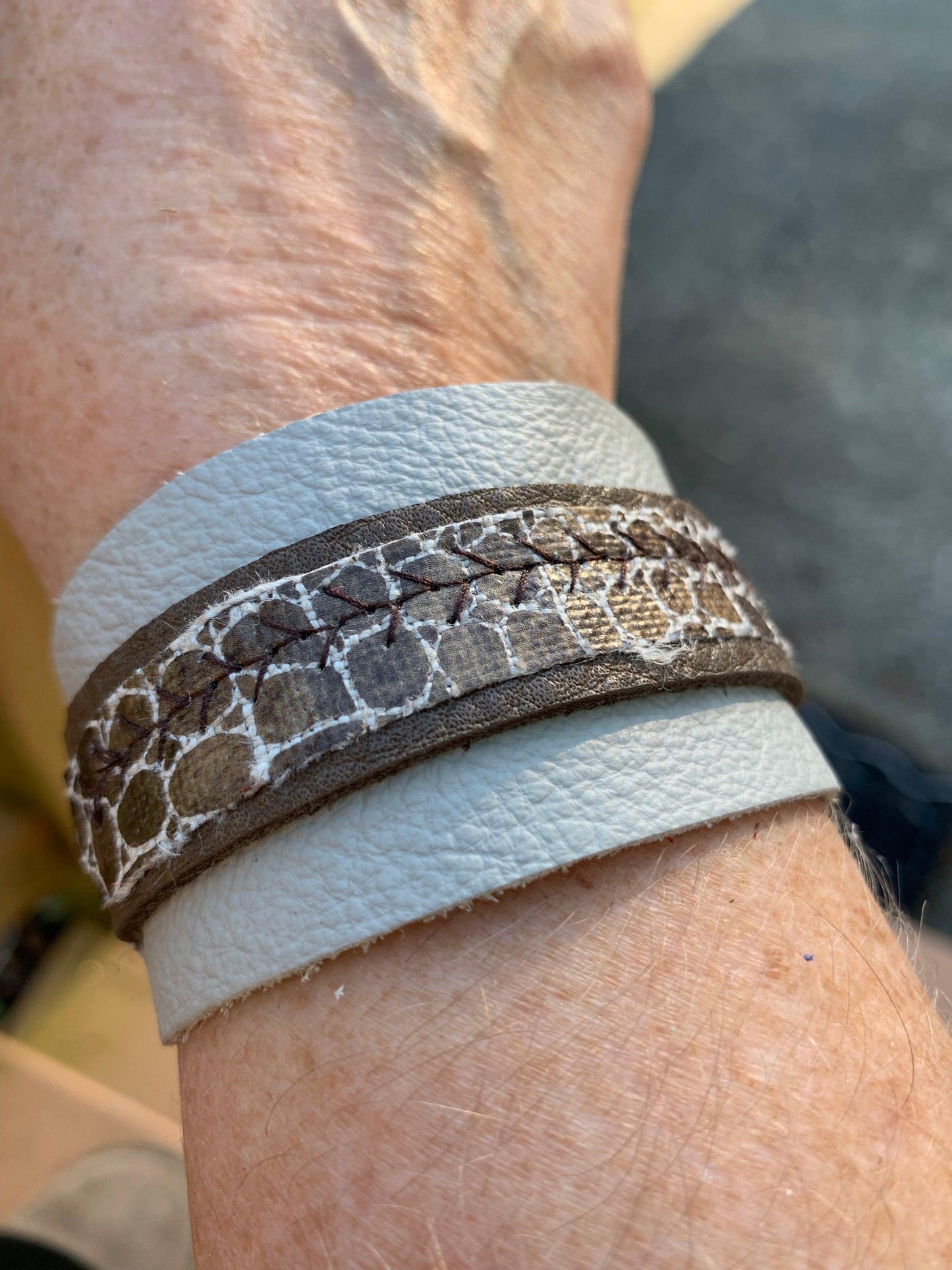 Designer Leather Bracelet - Bullet closure Cream Snake