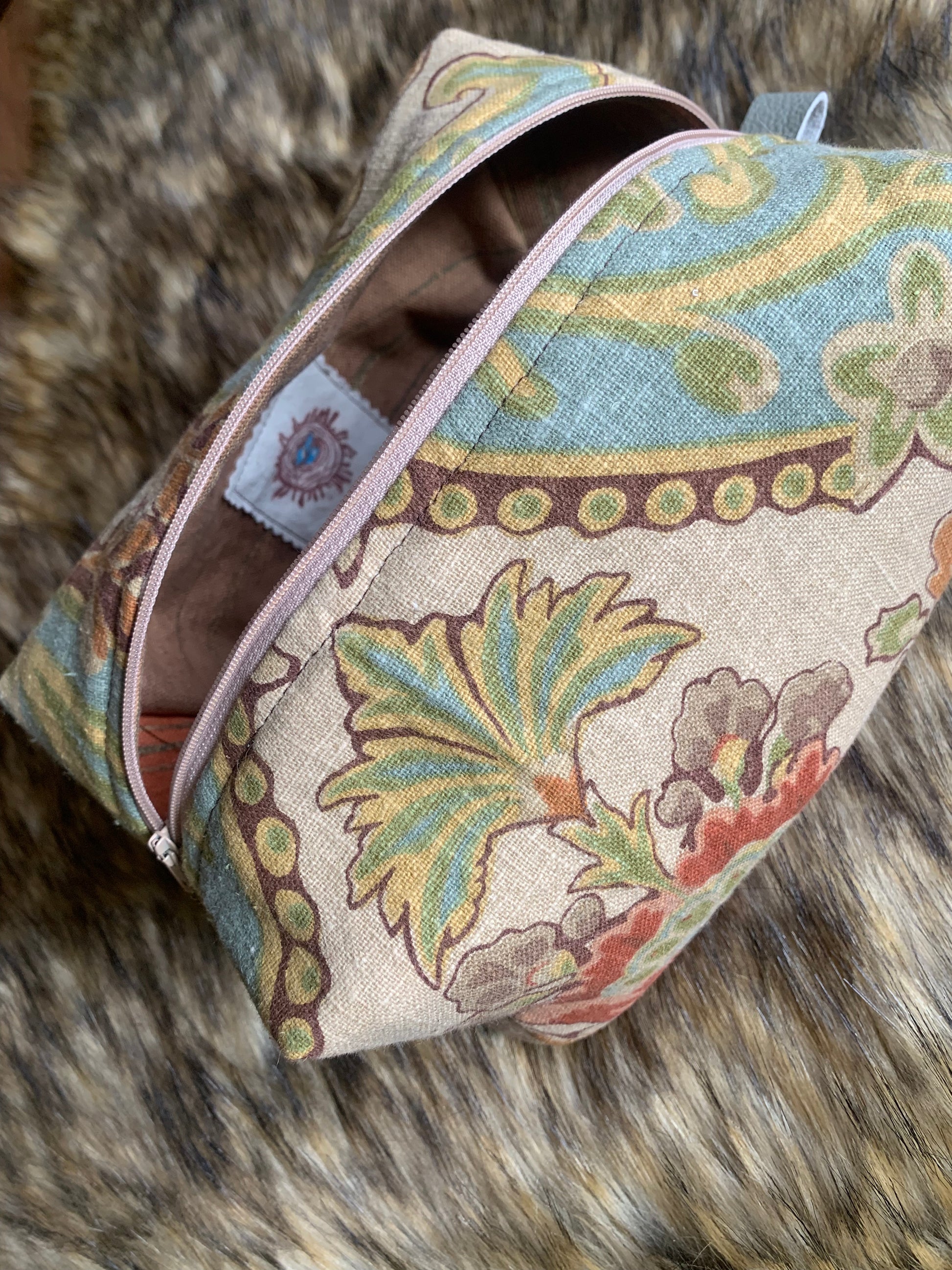  linen soft tan blue, coral timeless print makeup bag