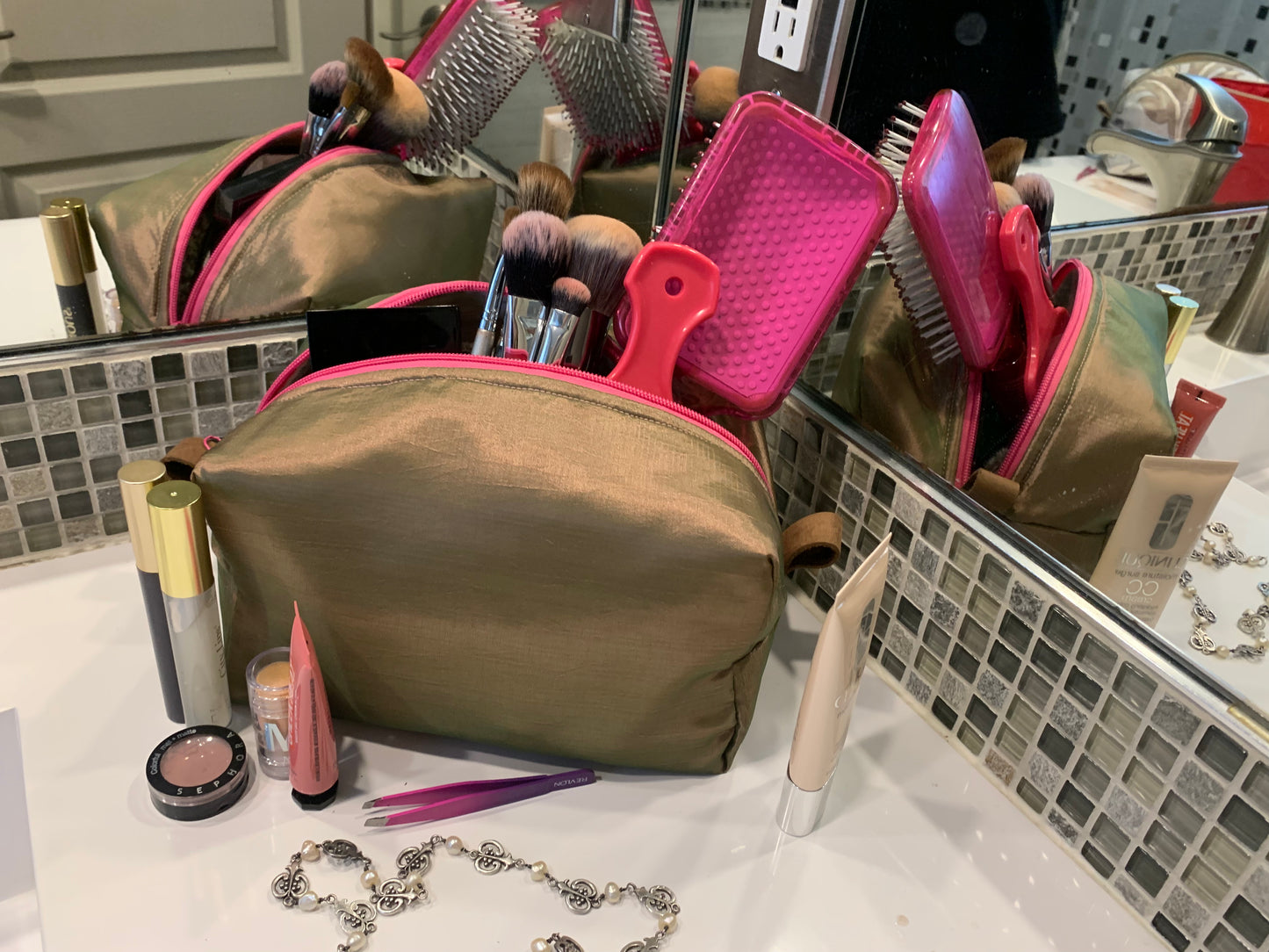irridecent pink and tan satin fabric make up bag