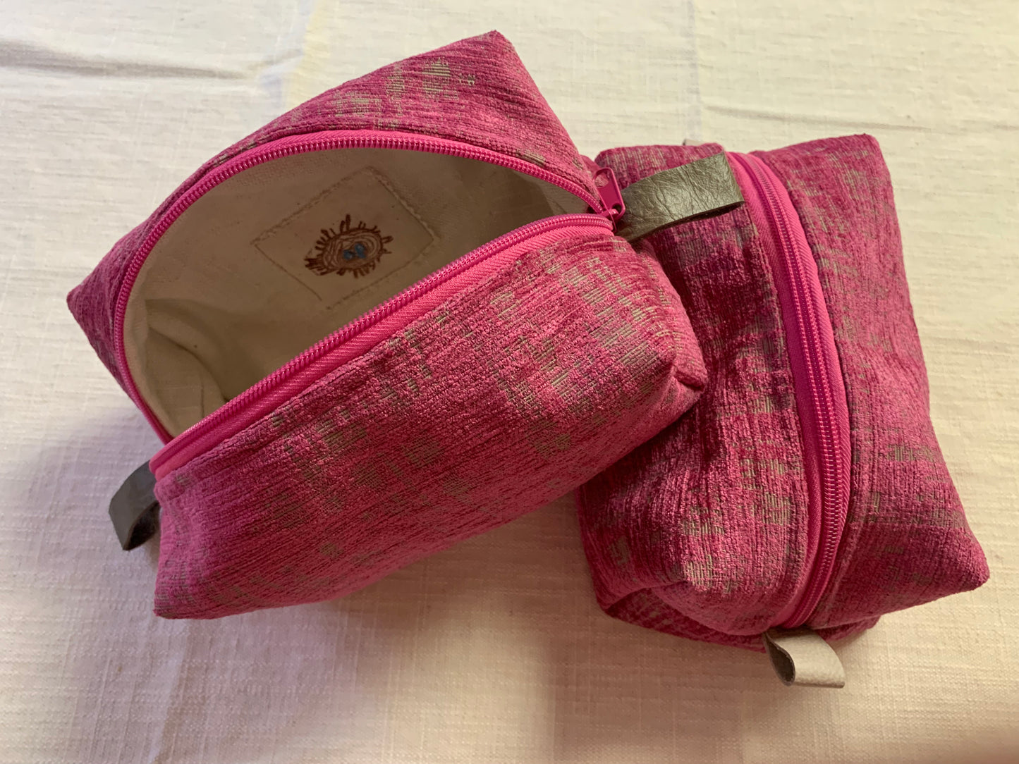 Raspberry cut out velvet, make up bag, hot pink zipper and grey leather thumb handles