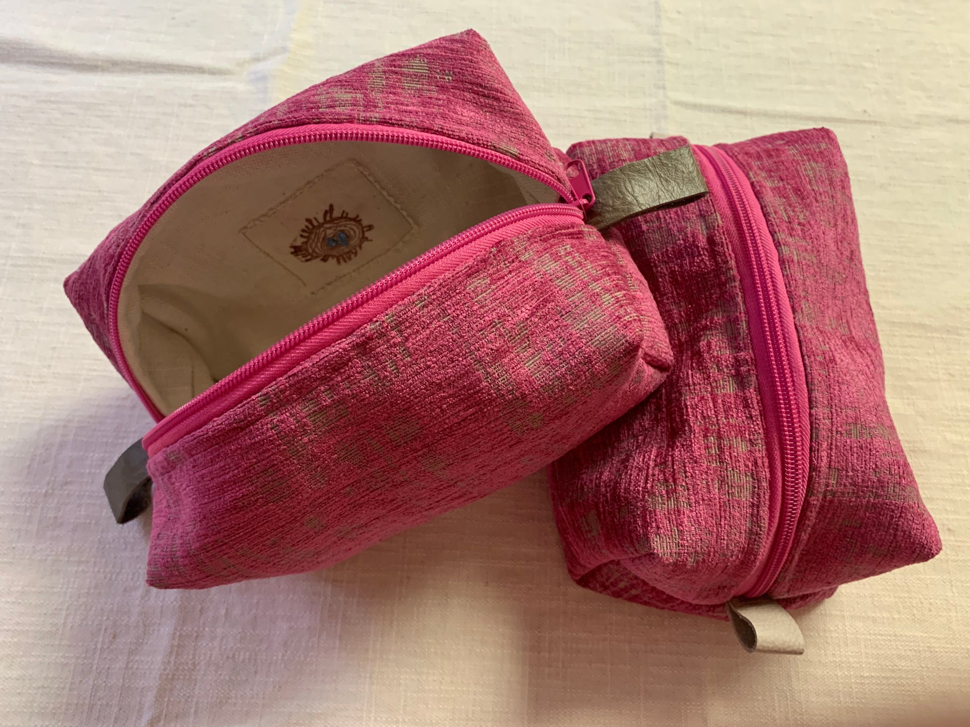 Raspberry cut out velvet, make up bag, hot pink zipper and grey leather thumb handles