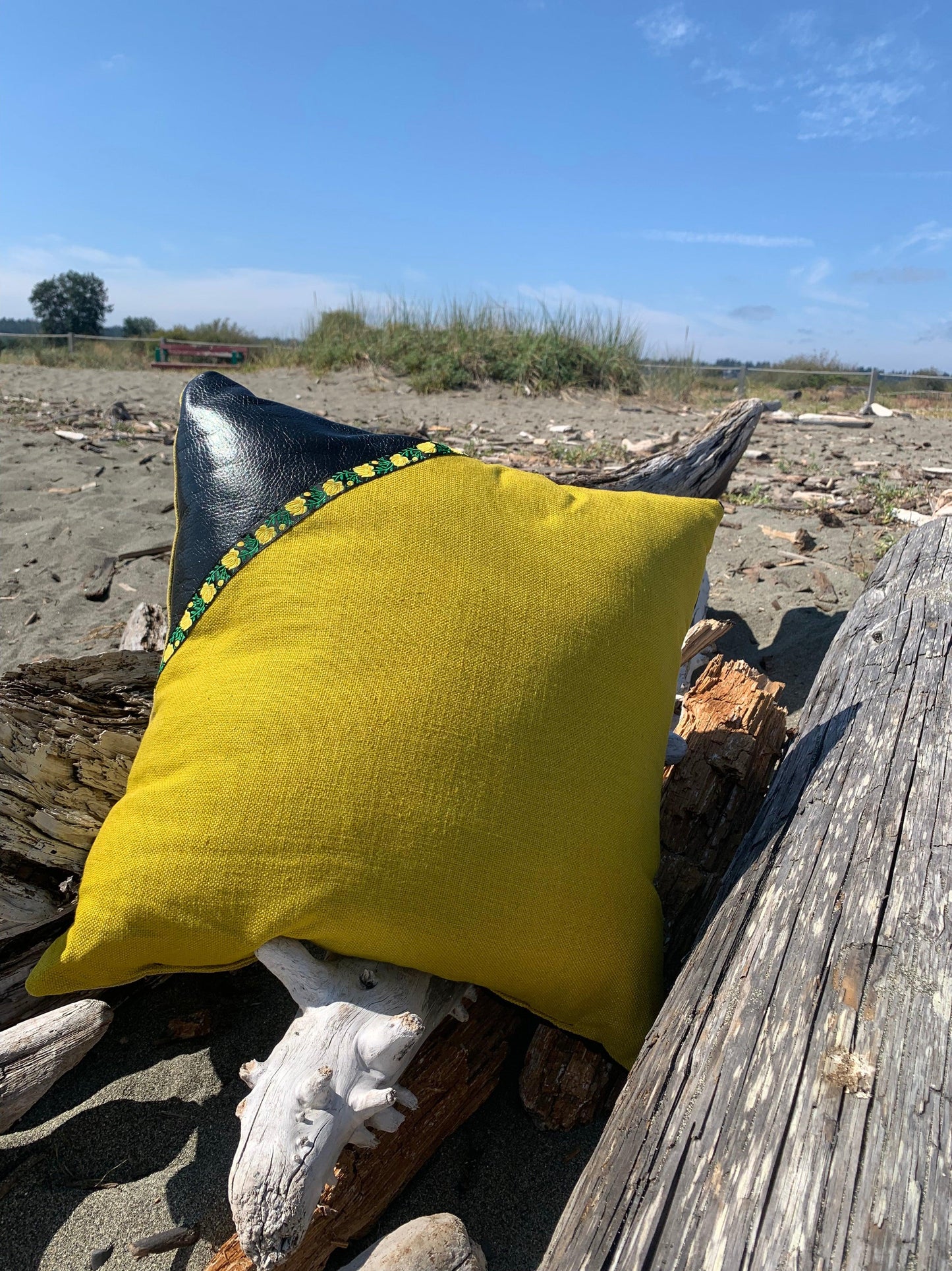 Green-gold linen and black velvet toss pillow