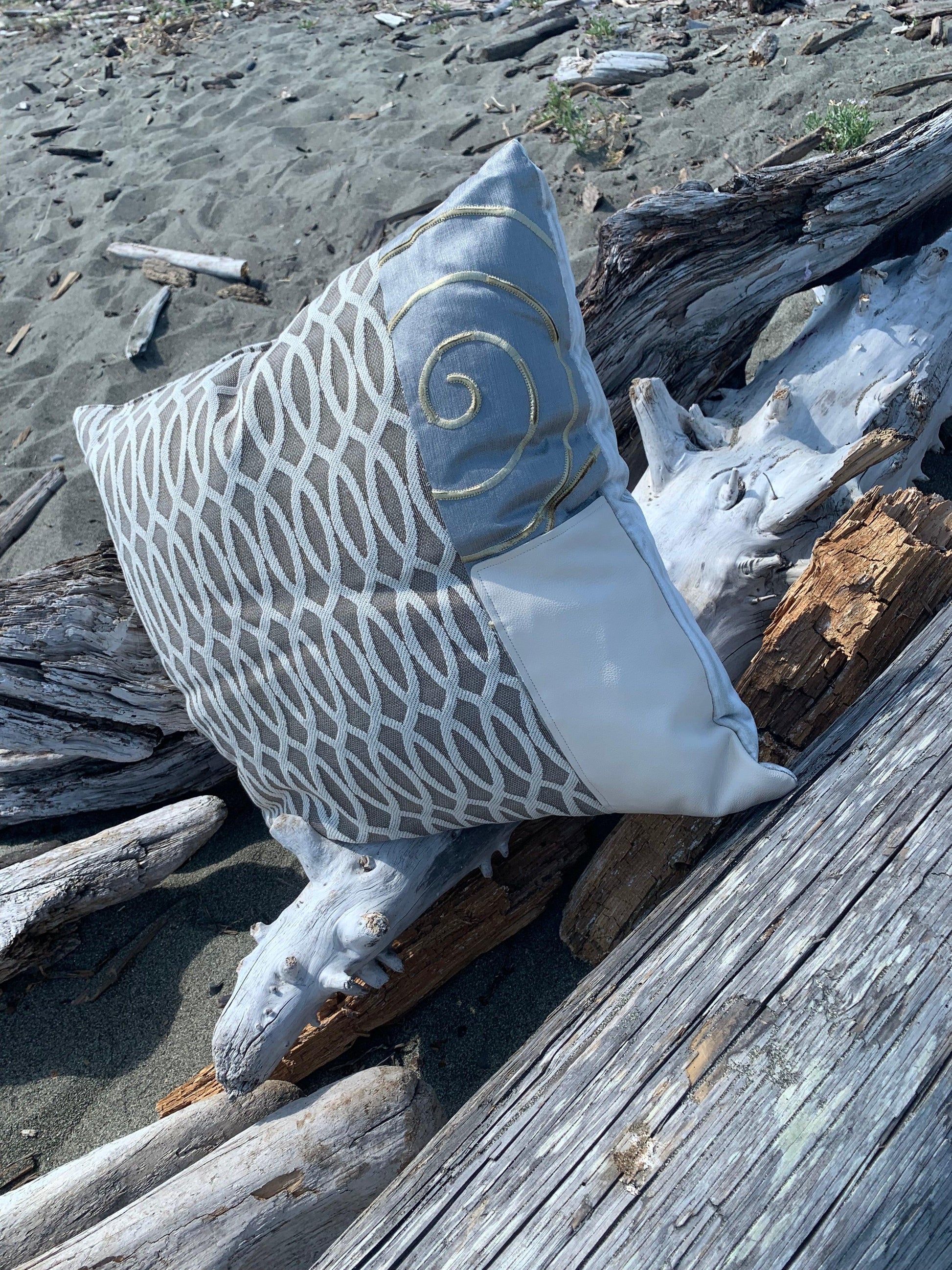 Bone leather and grey silk designer toss pillow